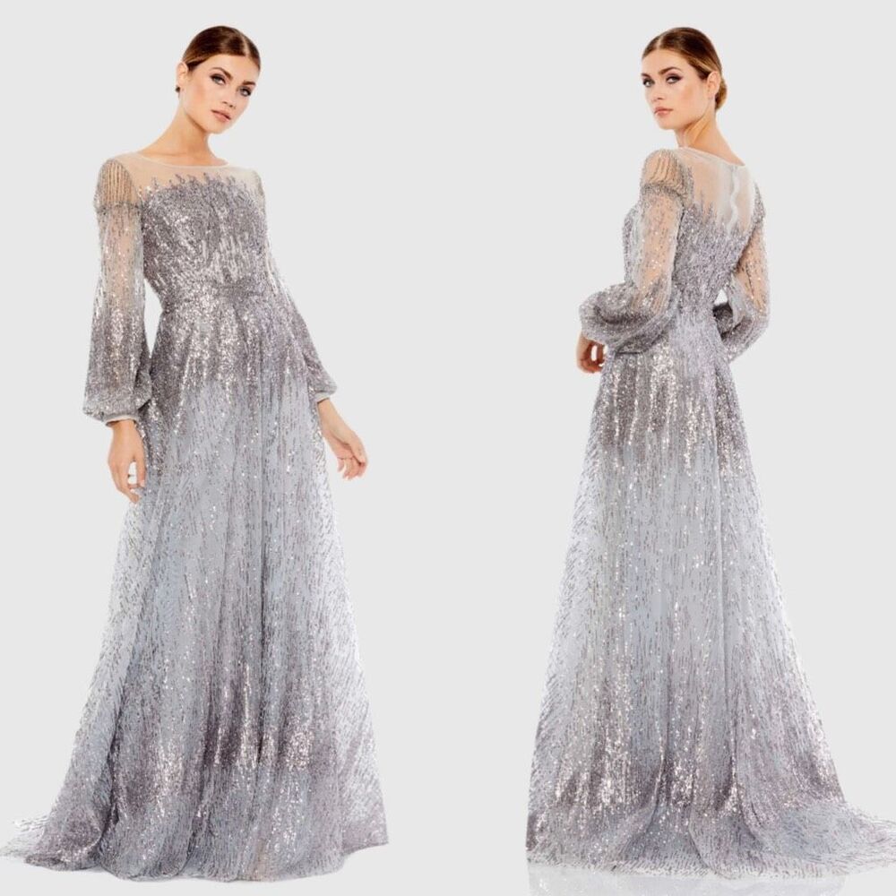 MAC DUGGAL Silver Jewel Encrusted Illusion Long Sleeve A Line Gown US 4 $798